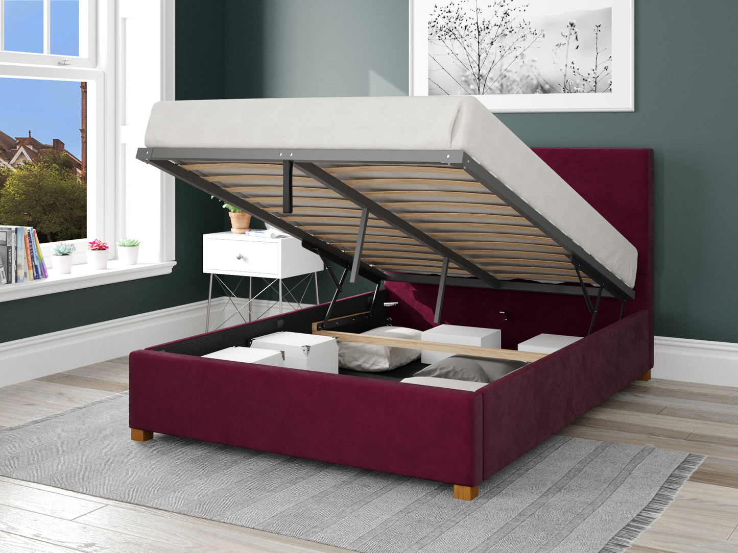 Larissa Fabric End Opening Ottoman Bed - Plush Velvet Berry - Image 2