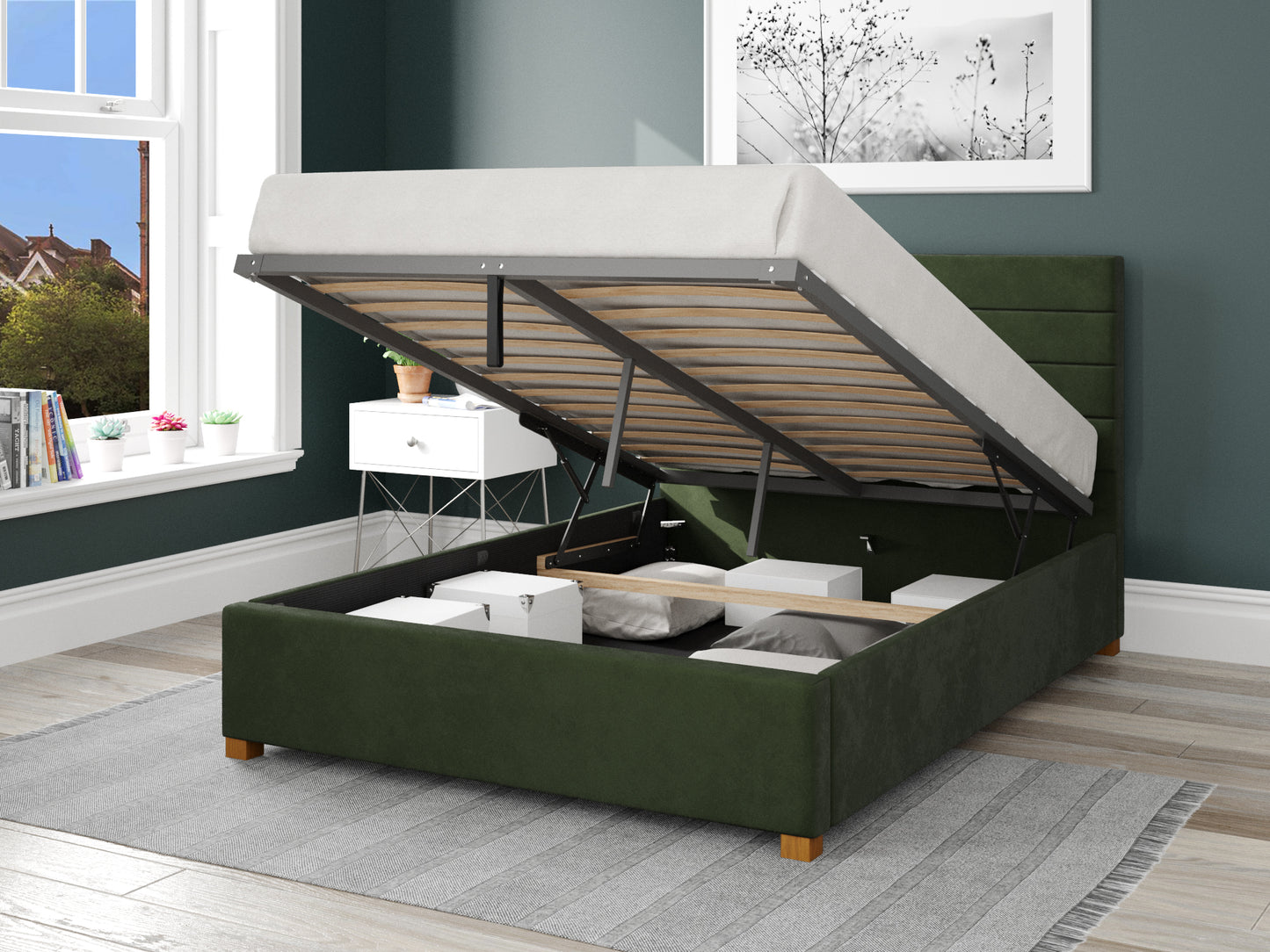 Calypso Fabric End Opening Ottoman Bed - Plush Velvet Forest Green - Image 2