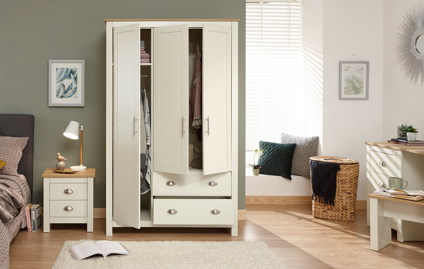 GFW Lancaster 2 Drawer 3 Door Wardrobe - Cream - Image 2
