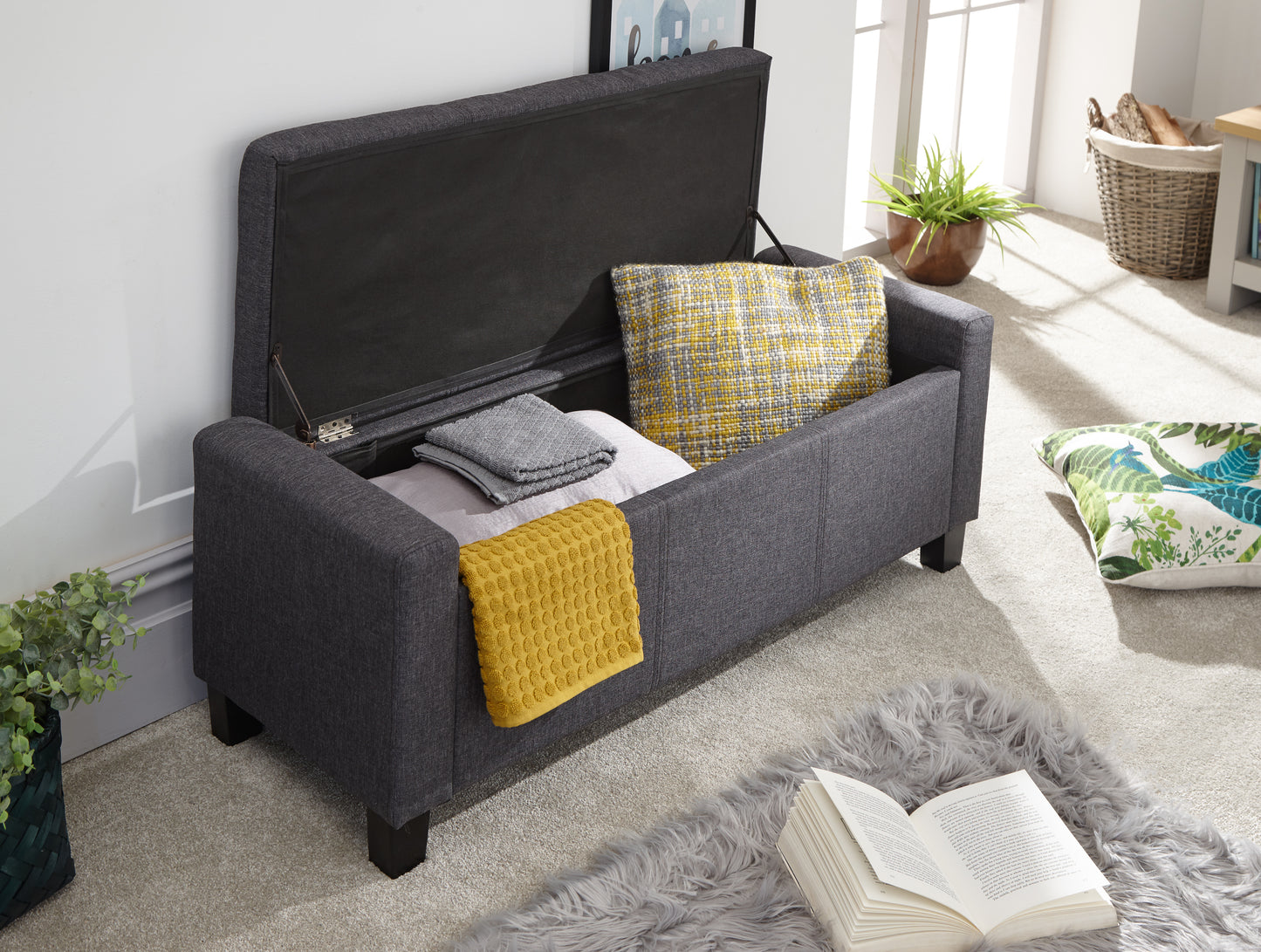 GFW Verona Fabric Blanket Box Bench - Charcoal - Image 2